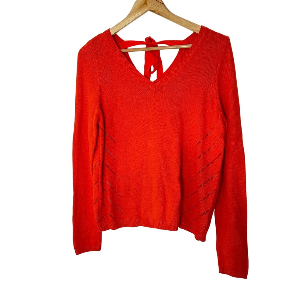MOTH Tie Back V Neck Sweater Orange Knit Ribbed Detail Women Size M